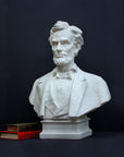 image of a plaster sculpture bust of man, namely Abraham Lincoln, next to stacked green and red books on a gray background