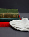 Photo of a plaster cast of a flayed hand for artist study next to three books on a gray background