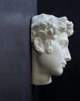 profile photo of white plaster cast mask of sculpture of head, namely Giuliano de Medici, on a gray background