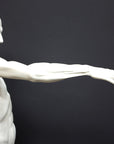 photo of plaster cast sculpture of flayed male figure study with right arm outstretched and left arm down on a gray background
