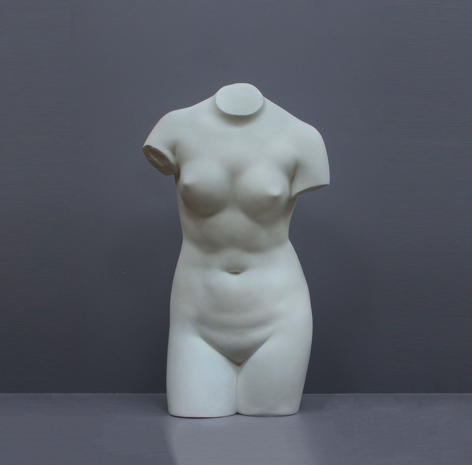 Image of a plaster statue as a bust of venus on a grey background