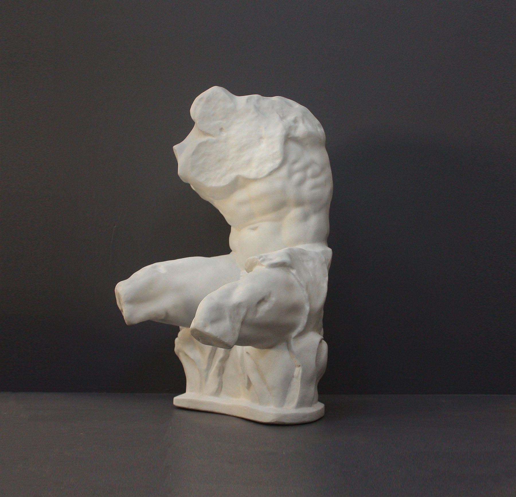 image of a plaster sculpture of nude male torso on a gray background