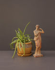 photo of plaster cast statue of female in pink robes with left arm raised and holding robe beside a potted plant on gray background