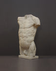 photo of plaster cast of sculpted flayed male torso on a gray background