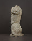 photo of plaster cast of sculpted flayed male torso on a gray background