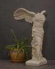photo of plaster cast sculpture of winged, headless female figure with flowing drapery next to a potted plant on a gray background