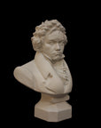 photo of plaster cast sculpture of male bust of Ludwig van Beethoven in dress coat and ruffled necktie on black background