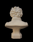 back view photo of plaster cast sculpture of male bust of Ludwig van Beethoven in dress coat and ruffled necktie on black background