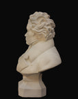 photo of plaster cast sculpture of male bust of Ludwig van Beethoven in dress coat and ruffled necktie on black background