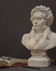 photo of plaster cast sculpture of male bust of Ludwig van Beethoven in dress coat and ruffled necktie set beside an open book to the left, a closed green book to the right, and a black pencil in front of it on gray background