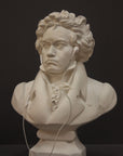 photo of plaster cast sculpture of male bust of Ludwig van Beethoven in dress coat and ruffled necktie with actual wired earbuds/headphones on gray background