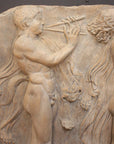 detail of Photo of sculpture of 2 figures marching with musical instruments on a black background