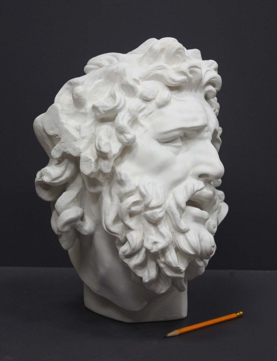 photo with gray background of plaster cast sculpture of male head with curly hair and beard, namely Laocoon, and yellow pencil