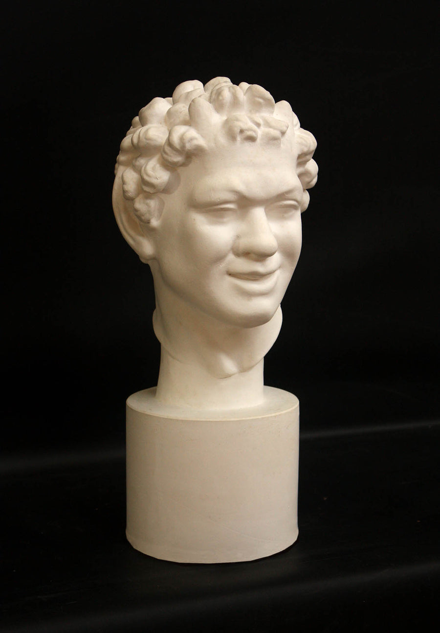 Photo of white plaster cast sculpture of faun head on base against black background
