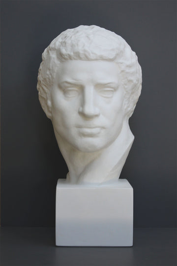 Photo of plaster cast sculpture of man's head on a grey background