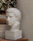 Photo of plaster cast sculpture of man's head on a wooden shelf with a stucco wall, window shutters, and a plant of ivy above