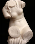 photo with black background of plaster cast sculpture of female torso seated