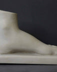 Photo of plaster cast of female left foot with a grey background