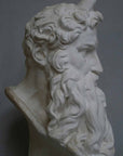 photo of plaster cast bust of man, namely Moses, with curly hair and so-called horns and long beard on gray background