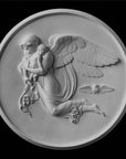 photo of plaster cast relief of woman with wings flying with two children nestled against her and an owl flying on a black background