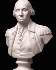 Photo of white plaster cast bust sculpture of male in Revolutionary garb, namely George Washington, on black background