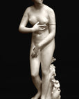 photo of plaster cast sculpture of Venus standing nude with two putti riding a dolphin at her feet on black background