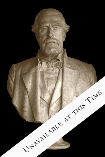 photo of off-white plaster cast sculpture bust of Robert E Lee with beard and dressed in a suit on black background