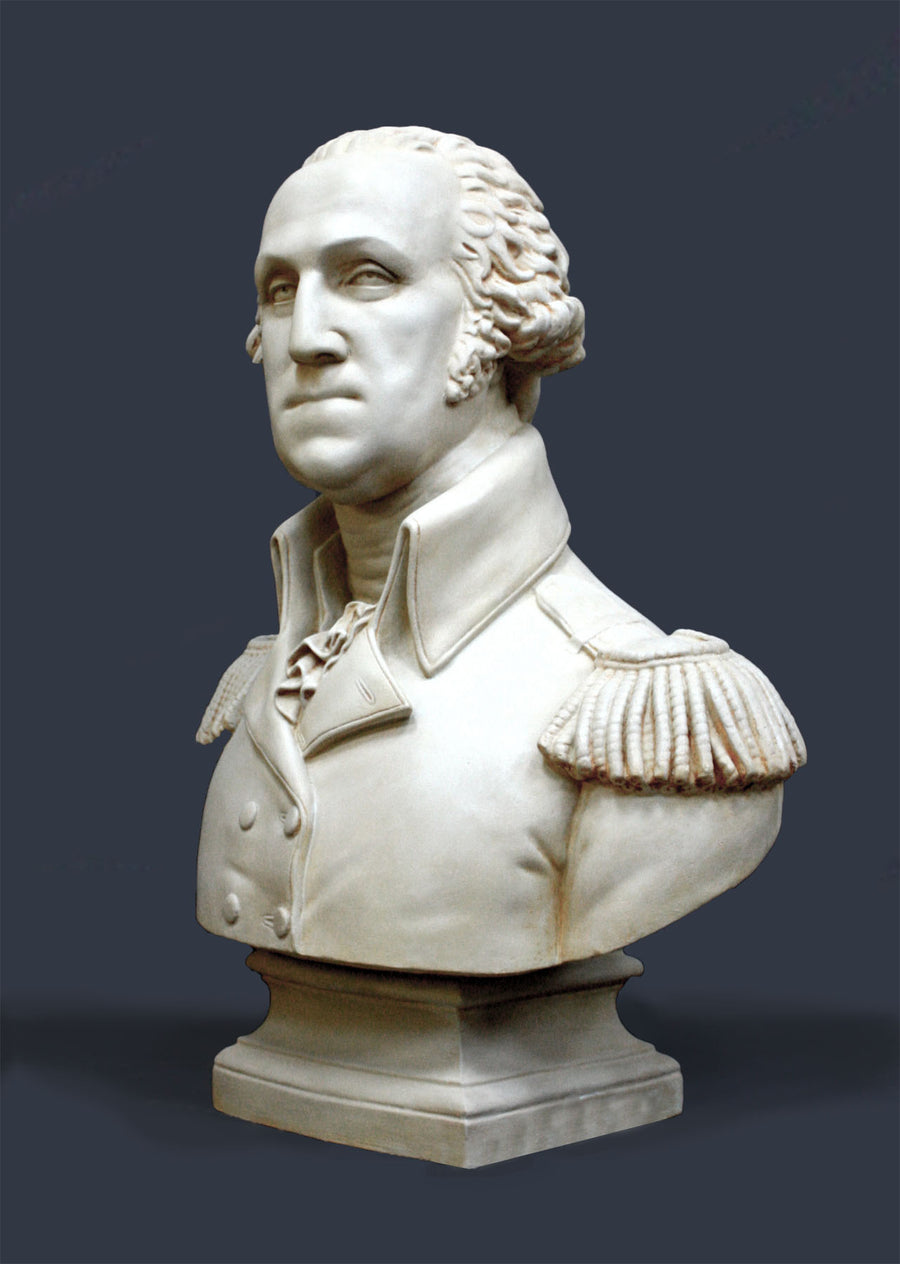 photo of plaster cast sculpture bust of George Washington in uniform on dark gray background