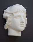 photo of white plaster cast of ancient sculpture of head, namely Omphale or Hercules, wearing Nemean lion skin against dark gray background