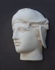 photo of white plaster cast of ancient sculpture of head, namely Omphale or Hercules, wearing Nemean lion skin against dark gray background