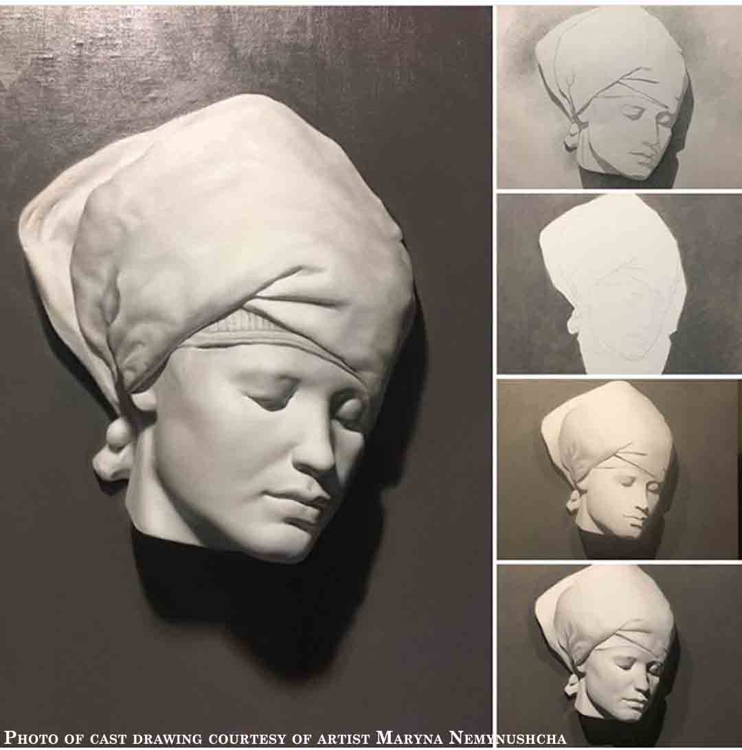 A monochrome drawing of a plaster cast of a Nubian female mask showing four progress steps on the right and the finished drawing on the left