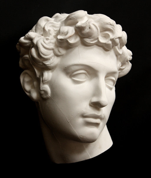 photo of white plaster cast mask of  sculpture of head, namely Giuliano de Medici, on a black background