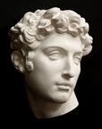 photo of white plaster cast mask of sculpture of head, namely Giuliano de Medici, on a black background