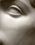 detail photo of plaster cast mask of sculpture of head, namely Giuliano de Medici, on a black background