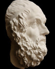 Photo of a white plaster cast mask from a sculpture of Homer on a black background