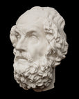 Photo of a white plaster cast mask from a sculpture of Homer on a black background