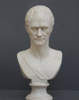 photo of white plaster cast bust of man, namely Alexander Hamilton, against gray background