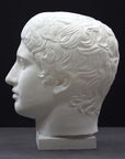 photo of plaster cast sculpture of head of the Doryphoros, male with curly hair, on dark gray background