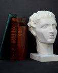 Photo of plaster cast of a blocked female head leaning against two brown and one green old books, 3/4 view, on a black background