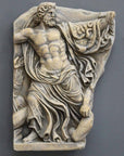 photo of plaster cast relief fragment of man, namely the god Zeus, on a gray background