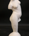 photo of plaster cast sculpture of female torso and right leg flowing into plaster base against black background