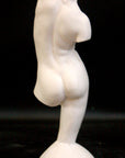 photo of plaster cast sculpture of female torso and right leg flowing into plaster base against black background