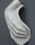photo with gray background of plaster cast sculpture of female left hand on a curved panel with fingers curled except index finger that points