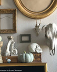 Photo of plaster cast sculpture of Renaissance bracket leaning against a bone near skulls and a pumpkin with empty picture frames on the wall behind