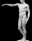 photo of plaster cast sculpture of flayed male figure study with right arm outstretched and left arm down on a black background