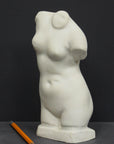 photo of off-white plaster cast sculpture of female torso and yellow pencil beside it against dark gray background