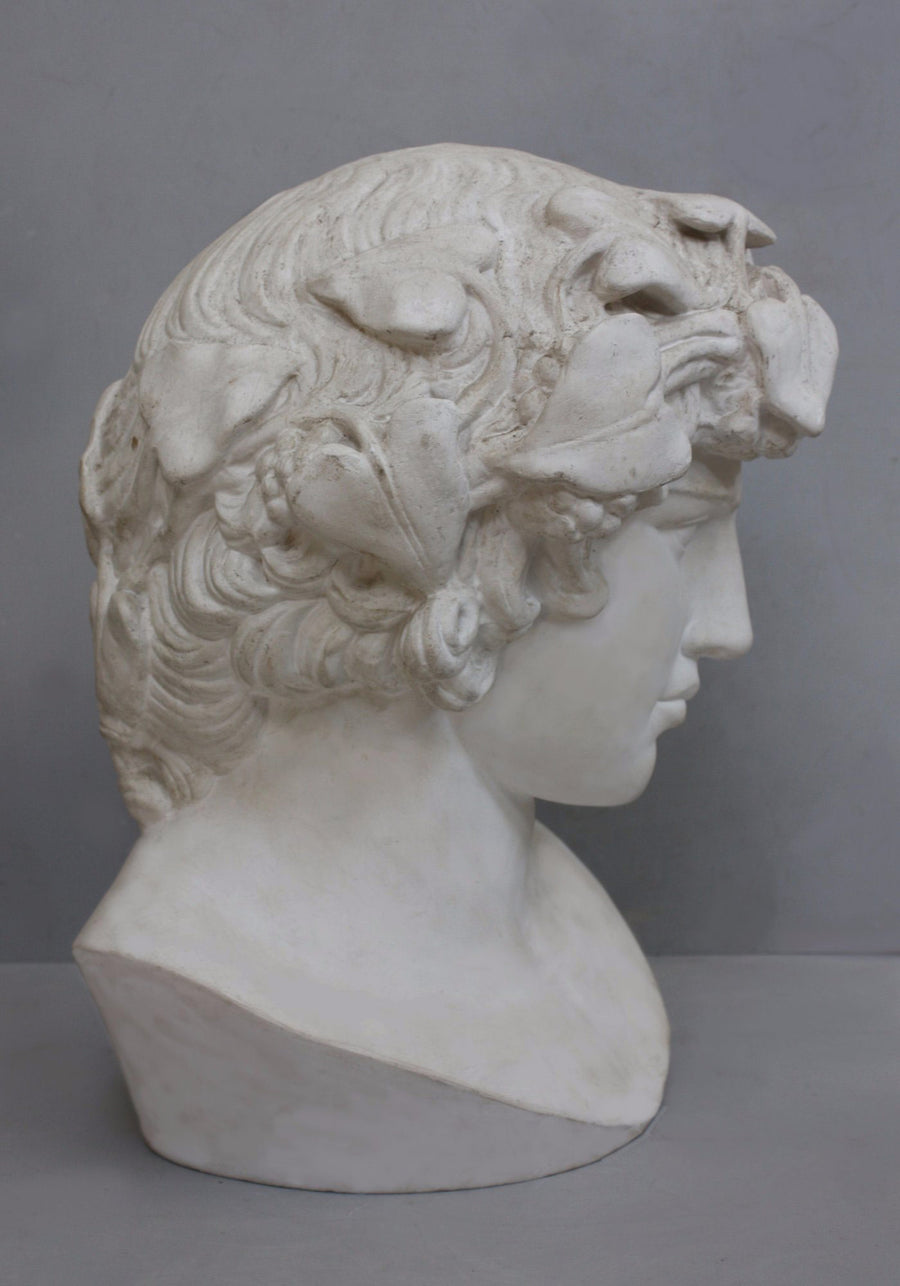 photo with gray background of plaster cast of male bust of Antinous with crown of leaves