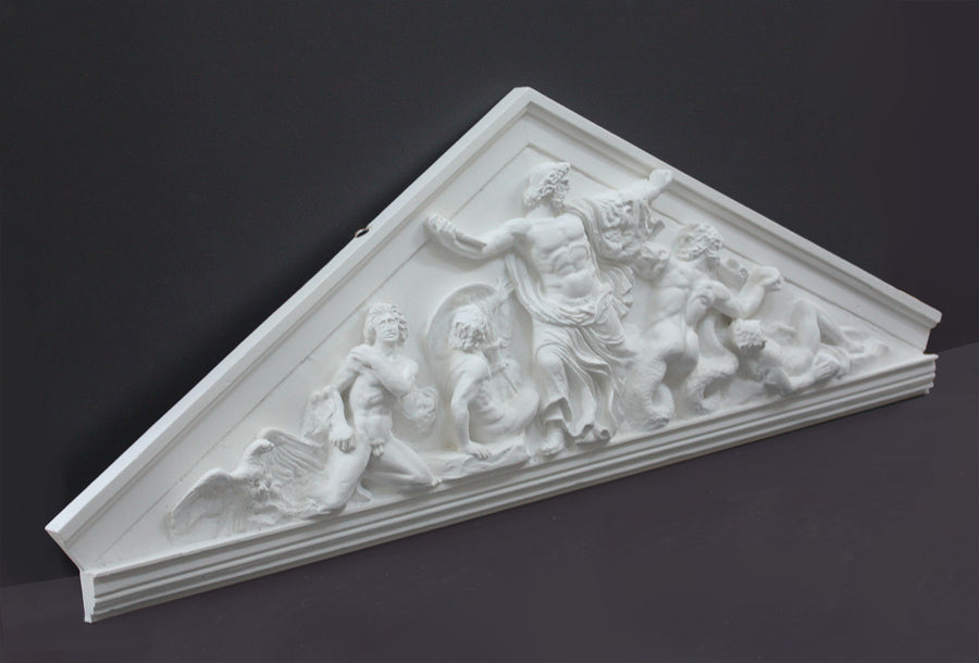 photo of white triangular plaster cast sculpture relief of the god Zeus in the center and the Giants around him on a gray background