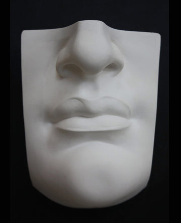 Photo of plaster cast sculpture of  portion of face with mouth and nose from Michelangelo's David statue on a black background