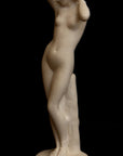 image of a plaster statue of a nude female figure, namely Phryne, on a black background